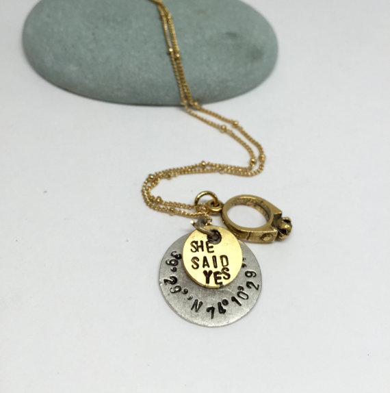 Engagement Personalized Coordinates she said yes Hand Stamped